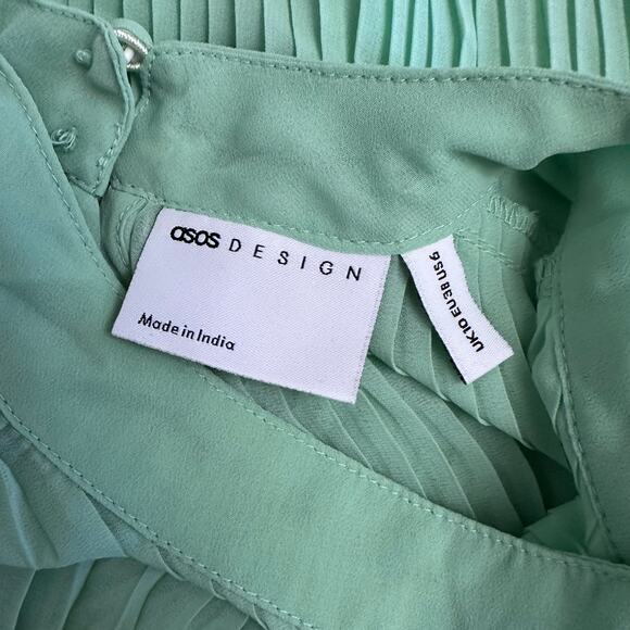 ASOS DESIGN Mint Green Pleated Chiffon Midi Dress Size 6 Mock Neck Wedding Guest - Picture 2 of 11